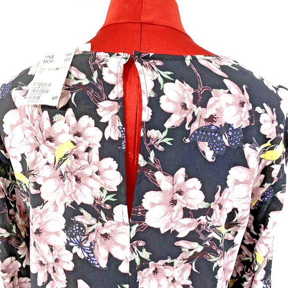 NEW H&M Size 4 Long Sleeve Dress Lilac Floral Print & Goldfinches Boho Casual - Picture 8 of 12